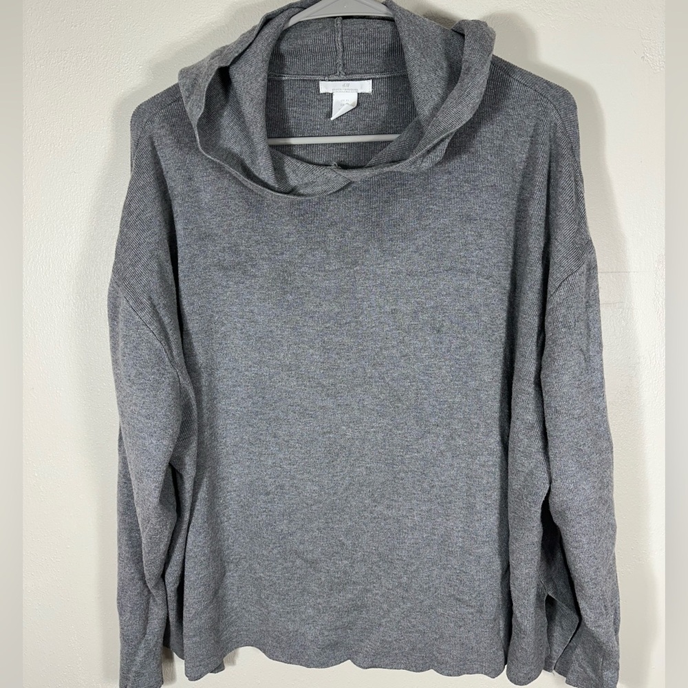 H&M XL Womens Dolman Knit Hoodie Sweater Grey Pullover Crop Oversized 3/4 Sleeve